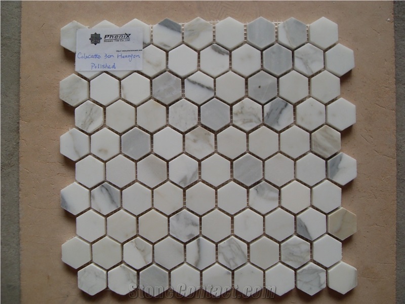 Calacatta 30mm Hexagon Polished, Italian Calacatta Latest Design-White Marble Mosaic