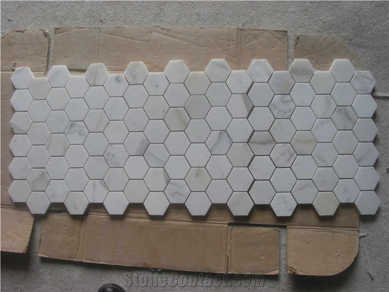 Calacatta 49mm Hexagon Polished, Italian Calacatta Mosaic, White Marble Mosaic