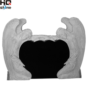 Shanxi Black Granite Double Angels with Hearts Tombstone