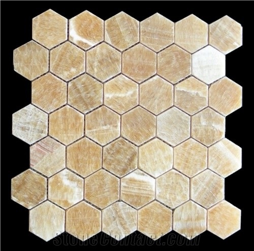 Honey Onyx Polished 2" Hexagon Mosaic Meshed
