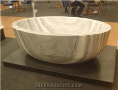 White Wood Veins Marble Round Bathtub