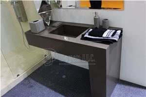 Grey Quartz Vanity Tops & Bathroom 4Pcs Accessories Suites, Dark Grey Quartzite Sinks & Basins