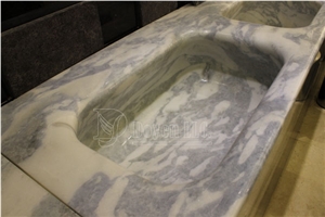 Italy New White Marble One Piece Kitchen Countertops with Sinks