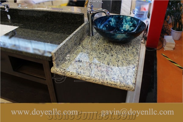 New Venetian Gold, Brazil Gold Yellow Granite Bathroom Vanity Top Wt Rectangular Vessel Sink Pre-Attached