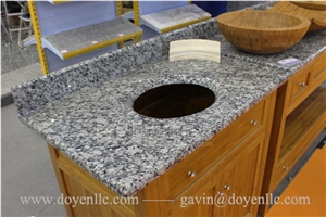Sea White,Spray White Granite Bathroom Vanity Top Wt Oval Black Bowl Pre-Attached