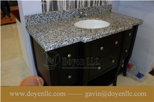 Sea White,Spray White Granite Bathroom Vanity Top Wt Oval Black Bowl Pre-Attached