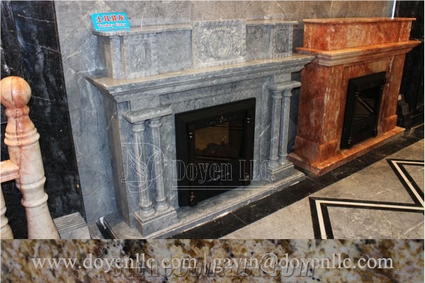 Turkey Grey Marble Handmade Caved Fireplace European & North American Styles