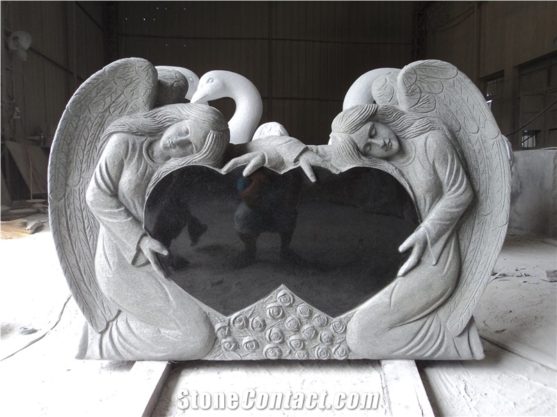 Double Angels with Double Hearts Headstone, India Black Granite Monument & Tombstone
