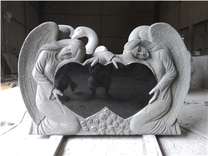 Double Angels with Double Hearts Headstone, India Black Granite Monument & Tombstone