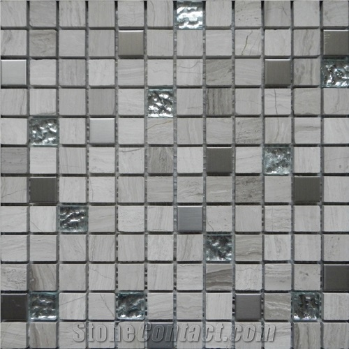 White Marble with Glass & Metal Brick Mosaic