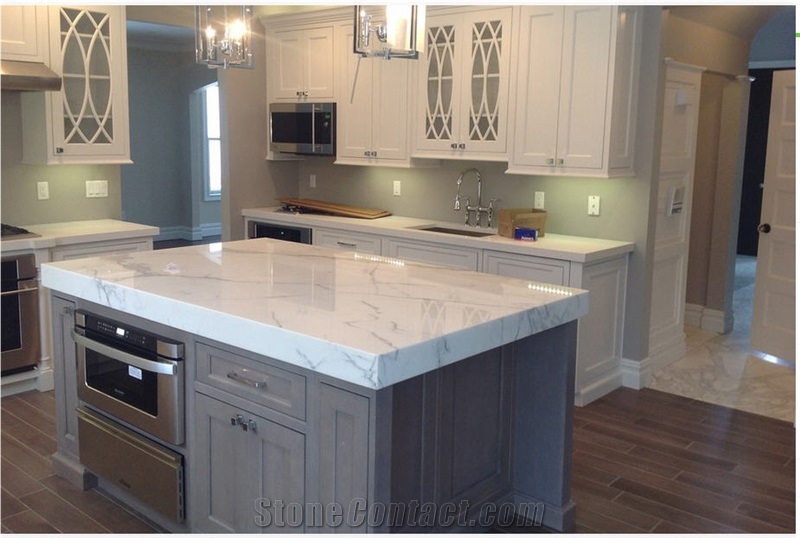 Kitchen Island Countertop is Calcutta Marble with Eased Edge, Calcutta Gold White Marble Countertops