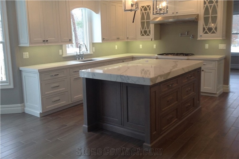 Kitchen Island Countertop is Calcutta Marble with Eased Edge, Calcutta Gold White Marble Countertops