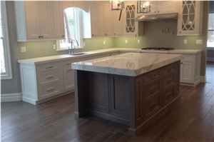 Kitchen Island Countertop is Calcutta Marble with Eased Edge, Calcutta Gold White Marble Countertops