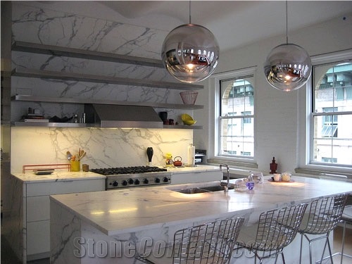 Bianco Carrara Marble Kitchen Countertop, Backsplash, Kitchen Design