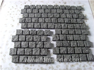 Black Granite Meshed Paver,Cheap Cobblestone,Granite Cube Stone Mesh Pavers, Surface Flamed ,Other Sides Natural Cobble Stone, Granite Mesh Walkway, Driveway, Patio Pavers