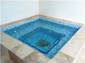Honed Travertine Pool Deck, Glass Mosaic Swiming Pool Project