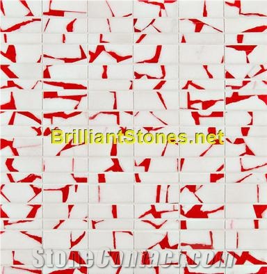 Dotted Red Crystal White Marble Mosaic