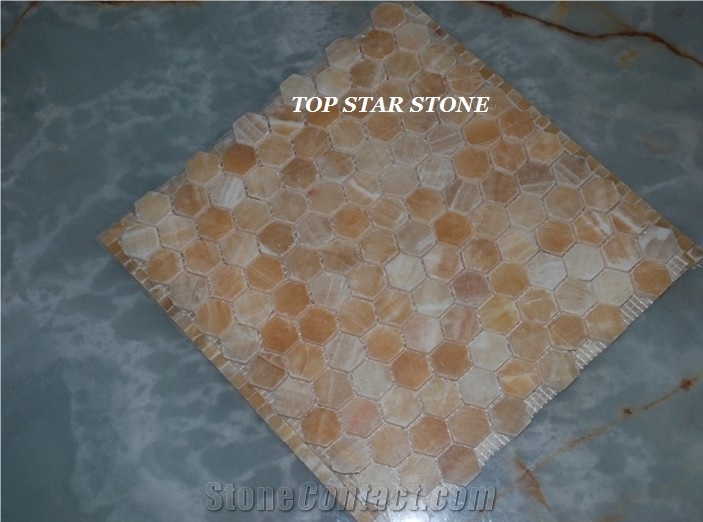 Yellow Onyx Mosic Floor Tile, Honey Yellow Onyx Mosaic