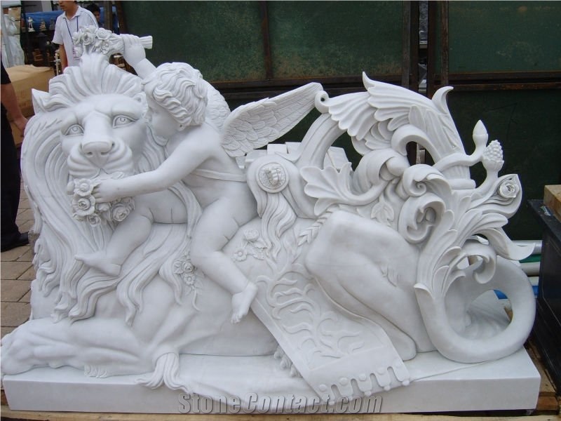 China Crystal White Marble Animal Lion Statute,Caved Sculpture