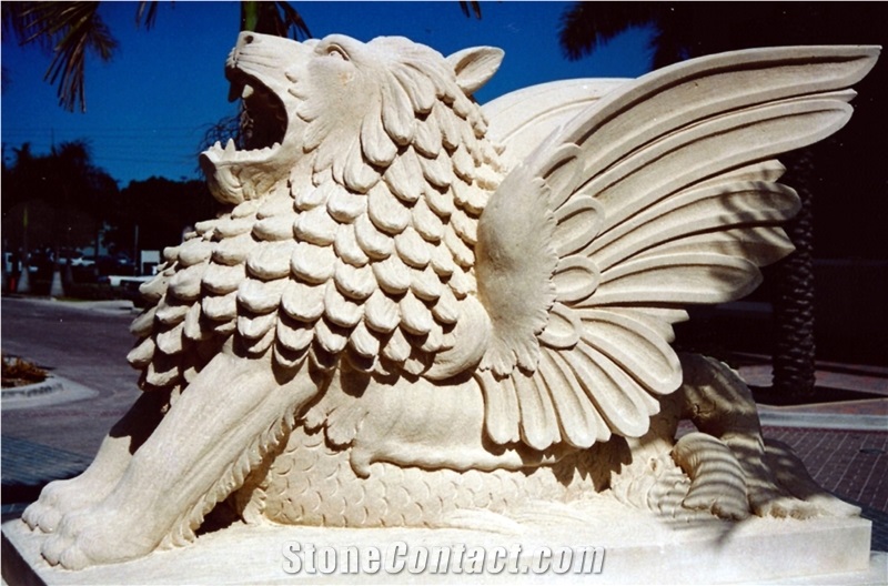 Winged Lion "Drago",White Limestone Animal Sculpture & Statue