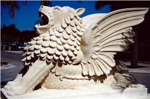 Winged Lion "Drago",White Limestone Animal Sculpture & Statue