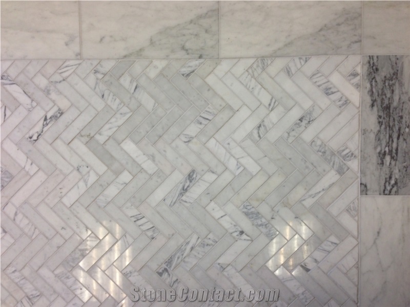 Bianco Venatino Marble 6x12 Herringbone Mosaic, Bianco Venato White Marble Mosaic