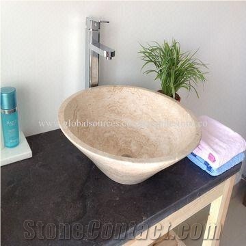 Beige Travertine Bathroom Vessel Sink with Conic Shape