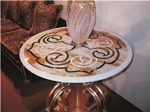 Marble Inlayed Waterjet Tabletops, Brocatello Di Siena Yellow Marble Waterjet Tabletops