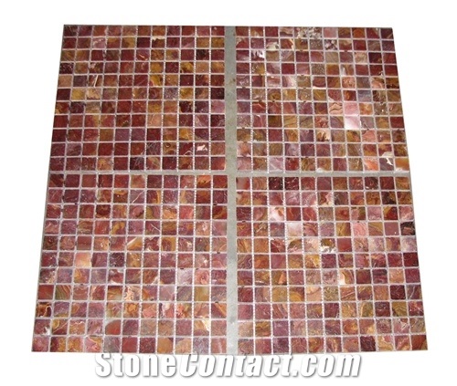 Multi Red Onyx 1x1 Polished Mosaics Meshed on 12x12 Sheet, Multicolor Red Onyx Polished Mosaics