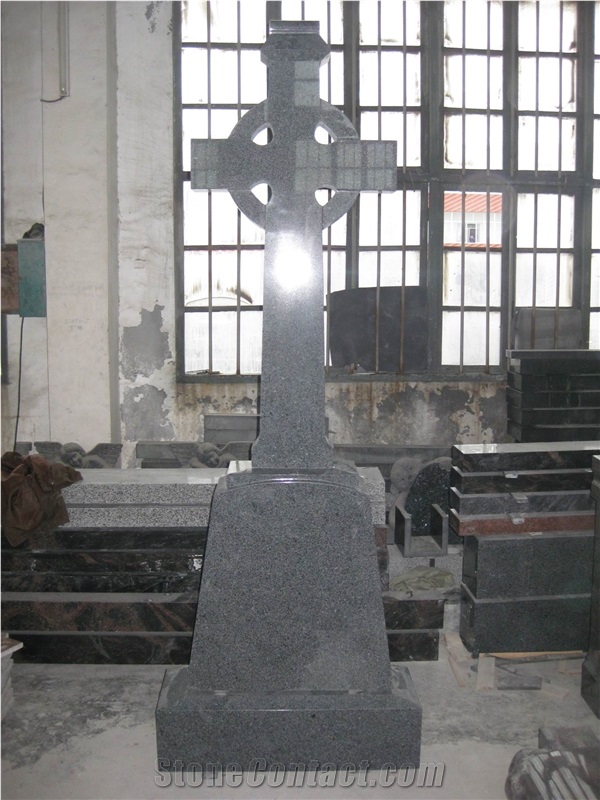 Western European Tombstone, Dark Grey Black Granite Cross Monument & Tombstone
