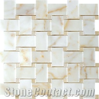 Afyon Sugar Marble with Jerusalem Gold Dot Basket Weave Mosaics