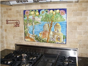 Travertine Backsplash and Custom Mural, Antiguo Beige Travertine Backsplash Mosaic
