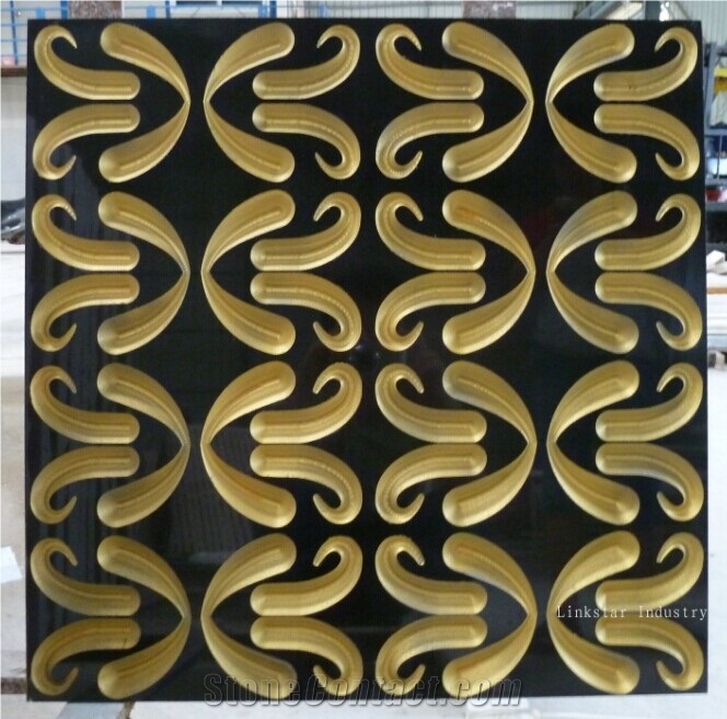 Natural Stone Gold Leaf 3d Luxury Wall Tile, Black Basalt Wall Tile