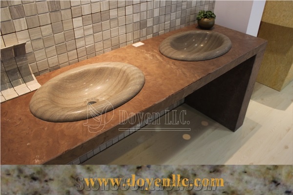 China Purple Wooden Sandstone Bathroom Vanity with Top Oval Basins