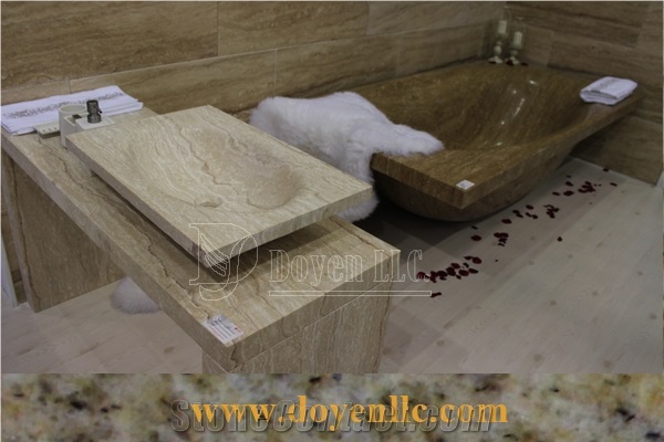 Jadite Travertine Bathroom Vanity Top with Marble and Travertine Sinks, Beige Travertine Bathroom Vanity Tops and Granite Sinks