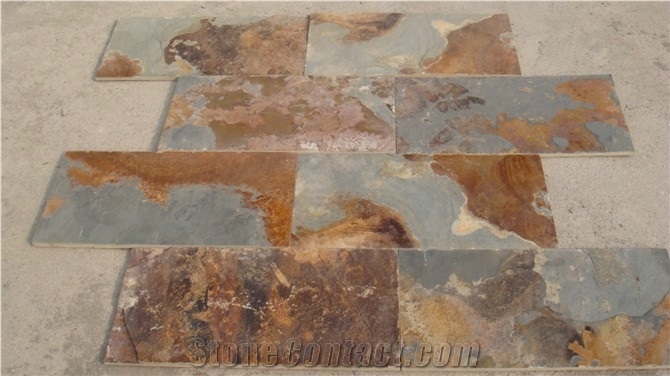 Wellest Rusty Brown Multi Color Slate Natural Finish Floor Tile, China Multi Colour Slate,St-015n