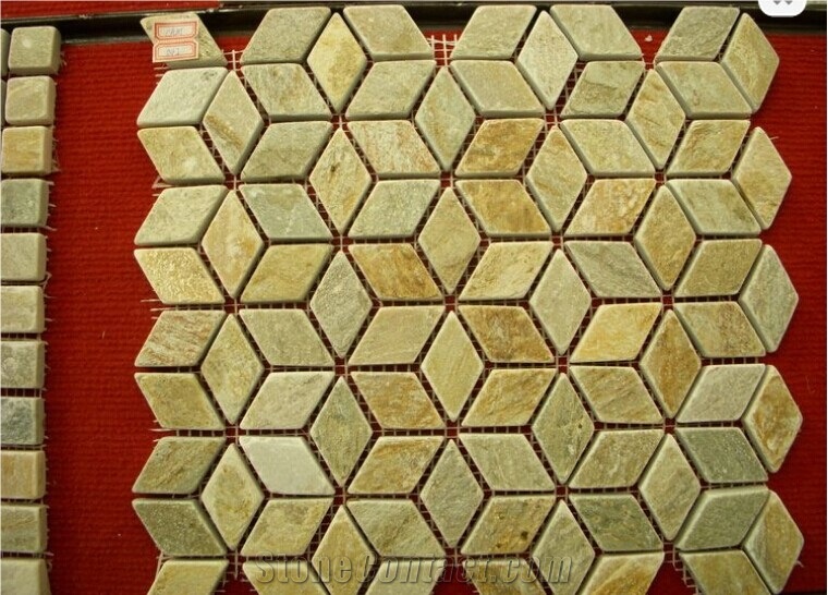 Natural Strip Decorative Slate Mosaic Tile for Wall and Floor Outdoor and Indoor, Yellow Slate Mosaic