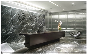 Nero Marquina Marble Reception Floor and Wall Aplication Slabs & Tiles, Spain Black Marble