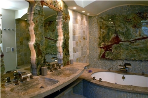 Back-Lit Multicolor Green Onyx Slabs & Glass Mosaic Bathroom Design