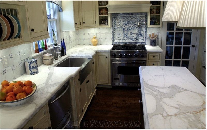 Bianco Statuario Marble Kitchen Countertop, Ceramic Backsplash