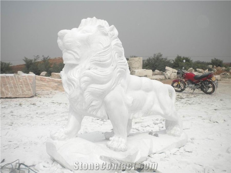 Hand Carved White Marble Lion Sculpture, Pure White Marble Sculptures