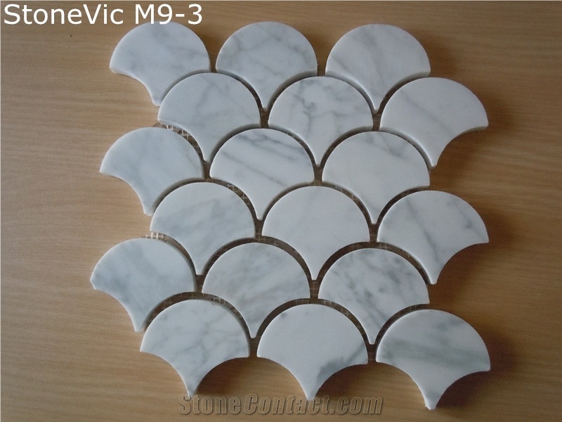 Bianco Carrara Marble Mosaic Tile, Fish Scale Design