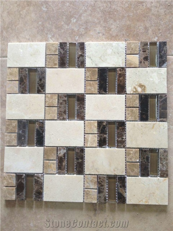 Cream Marfil,Light Emperador,Dark Emperador Marble,Brown Color Glass Chip Marble Mix Glass Mosaic Tile