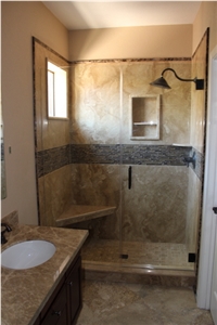 Walnut Travertine Cross Cut Bathroom, Walnut Cross Cut Beige Travertine Bath Design