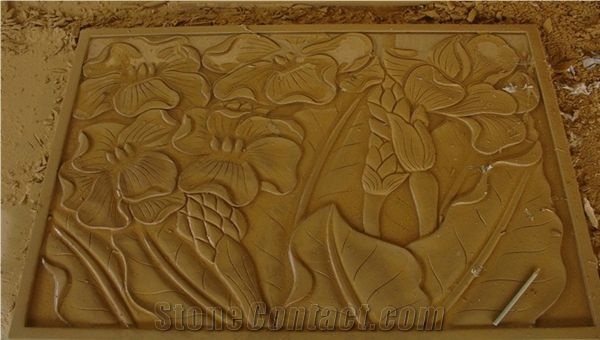 China Yellow Sandstone Wall Flower Relief & Etching