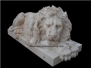 Sleep Lion Sculpture, Hy Beige Travertine Sculptures