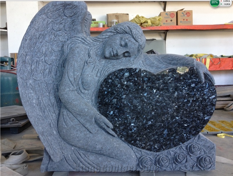 Blue Pearl Angel Sculpture Statue Monument Headstone by Hand Carving
