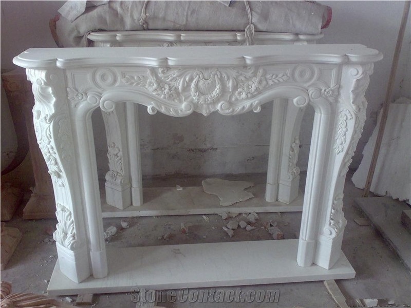 Flower Carved Fireplace ,White Marble Fireplace