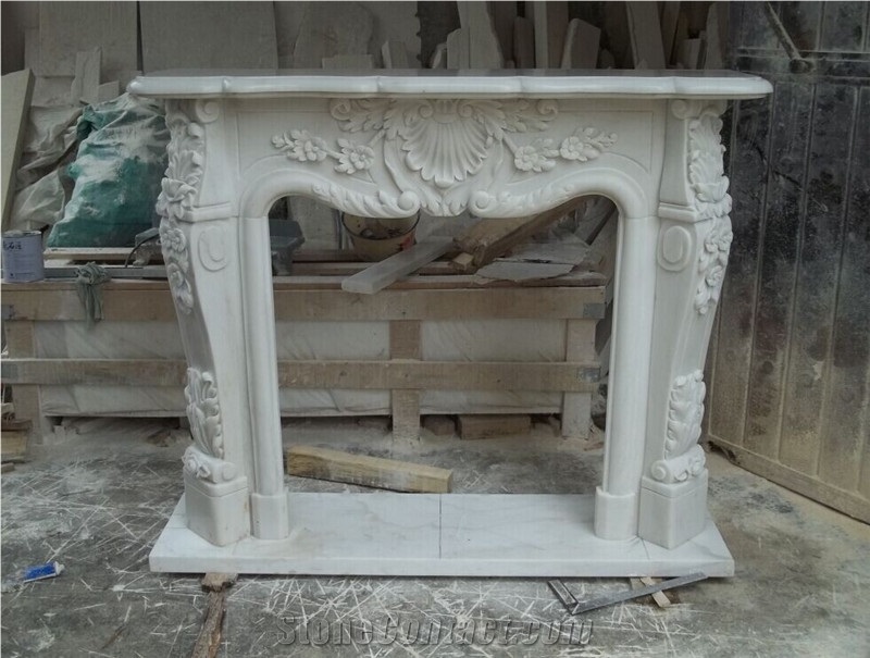 Flower Carved Fireplace,White Marble Fireplace