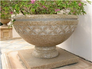 Solid Stone Flower Pot, Beige Granite Flower Pots